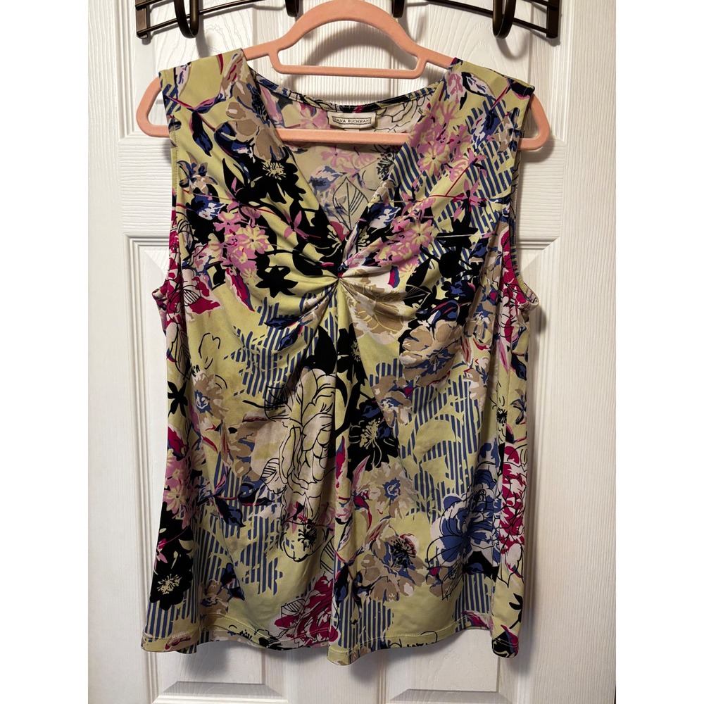 Dana Buchman Floral Striped Twist Front V-Neck‎ Sleeveless Top Yellow Pink Large